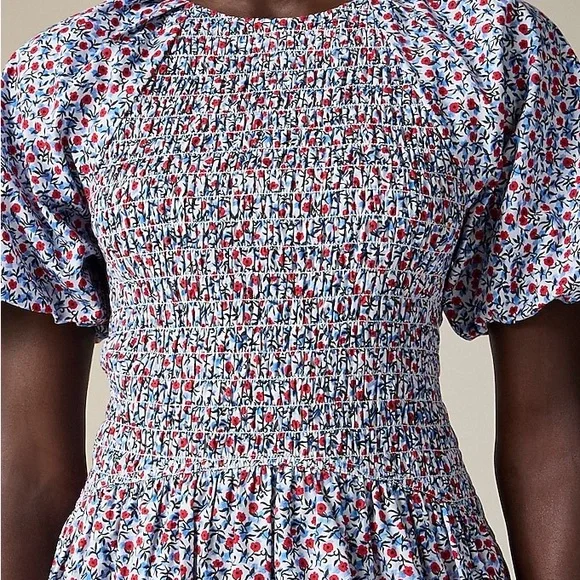 New! J. Crew Blue and White Puff Sleeve Midi Sundress - Picture 2 of 8